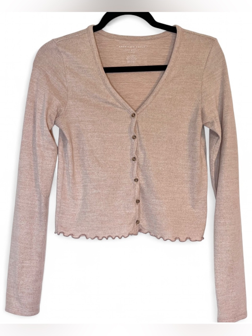American Eagle Pink Long Sleeve Button Down Cardigan Ruffle Hem Size Small
